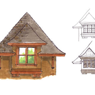 Hand-rendered architectural sketch of a steeply pitched dormer with shingle roofing, deep-set window, and traditional trim, illustrating classic European-inspired residential detailing for custom home design inspiration.