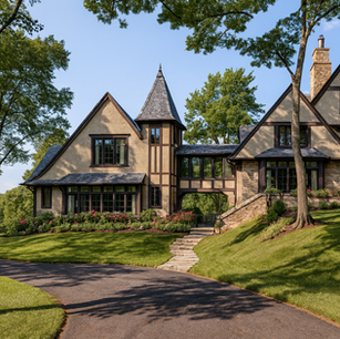 Tudor Revival home with stone turret, half-timber gables, arched stone entry, and lush landscaping—English Tudor luxury house exterior