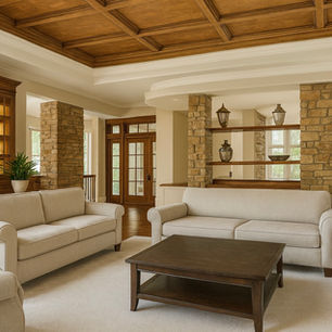 Conceptual Design by JMAD - James McNeal Architecture and Design. Architecture firm specializing in high-end residential design, luxury homes, and creative enduring artistry. Architecture firm near me. Minnesota architect. Dream home, dream house, luxury design, luxury lifestyle. Custom homes, interior design, luxury real estate, residential architecture, home architects, home architecture. Concept rendering, home inspiration, biophilic design, luxury interior inspiration. Great room design, living room, kitchen, dining area. Traditional stone accent living room, classic estate interior design, natural stone columns, timeless luxury living space, craftsman inspired millwork, open concept sitting room, transitional traditional style, cozy luxury lounge area, refined rustic interior.