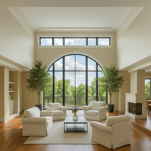living room with double-height ceilings, oversized arched window wall, open-concept seating area, wide-plank hardwood floors, and a modern corner fireplace overlooking a private landscape view