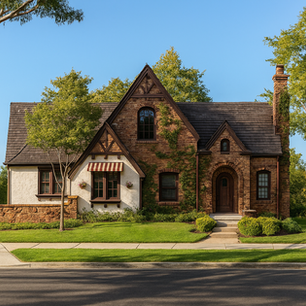Storybook Tudor cottage exterior with brick and stucco facade, steep gabled roof, arched entry, climbing ivy, striped window awning, and lush front lawn landscaping.