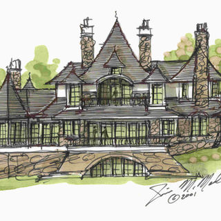 Château-style estate elevation with central pavilion, arched window wall, stone base, and steep slate-style rooflines