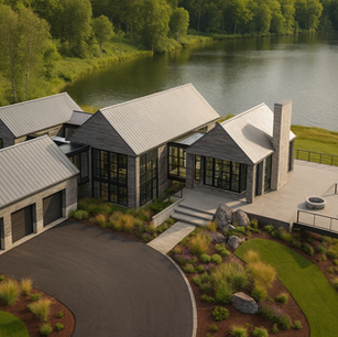 Aerial view of modern lakeside home with multiple gabled metal roofs, expansive black-framed windows, attached garage, and terrace patio with fire pit.