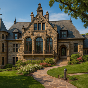 Tudor-style stone manor with steep slate roofs, arched windows, corner turret, carved gable crest, and manicured lawn with curving stone walkway.