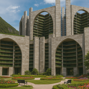 Monumental contemporary megastructure, brutalist / modernist influence, courtyard garden, high-rise residential complex, eco-friendly residential complex, sculptural architecture, iconic building design, giant arches, biophilic design, eco luxury indoor-outdoor living. pedestrian pathways, resort landscaping.