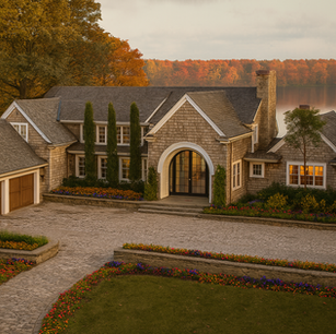 Shingle and stone luxury home with dramatic arched glass entry and circular motor court—lakefront estate exterior inspiration.