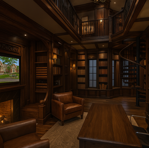 Moody, double-height home library featuring rich wood paneling, custom built-in bookshelves, spiral stair to upper gallery, integrated fireplace, and classic old-world architectural detailing.