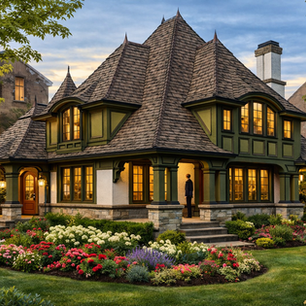 Arts-and-Crafts style cottage exterior with dramatic multi-hip shingle roof, green trim, stucco walls, stone base, wraparound covered porch, warm glowing windows, and lush flower garden landscaping at dusk.