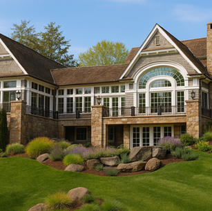 Shingle style lake home exterior with stone columns, arched gable window wall, and manicured landscaping—New England coastal house.