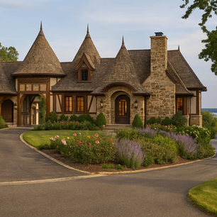 Traditional Tudor-style home with warm stucco, steep rooflines, arched entry, and carriage garage doors—classic English Tudor curb appeal.