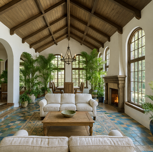 Spanish Revival great room with vaulted wood-beam ceiling, arched windows, patterned tile floor, indoor palms, and rustic fireplace.