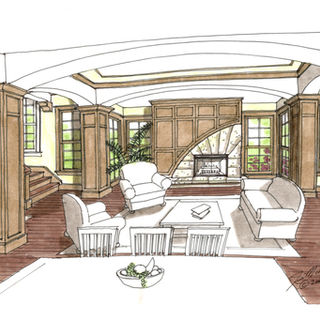 Traditional great room interior sketch featuring curved barrel-style ceiling forms, detailed wood paneling, stone hearth focal point, symmetrical window placement, and classic furniture arrangement envisioned by a residential architect known for crafting timeless custom homes and architecturally rich family living spaces