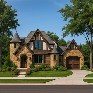 Stone-and-stucco Tudor cottage exterior with turret towers, steep gabled shingle roof, dark timber trim, arched entry door, and single garage on a manicured suburban lot.