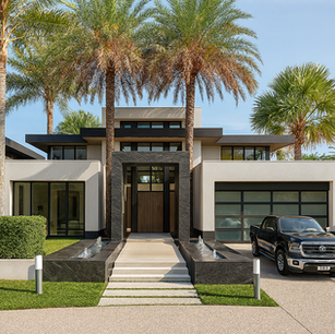 Florida modern home entry with palm trees, stone portal, and linear water features—Southwest contemporary luxury home. Resort-style home design.