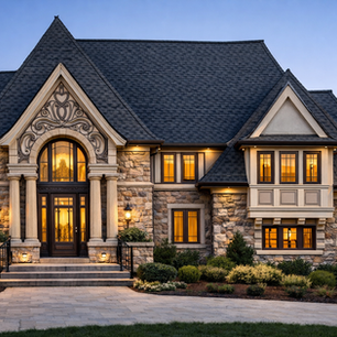 French-inspired luxury residence showcasing stone masonry, steep slate-style rooflines, and an ornate arched entry. Warm interior lighting and symmetrical massing highlight timeless European craftsmanship in a refined residential design.