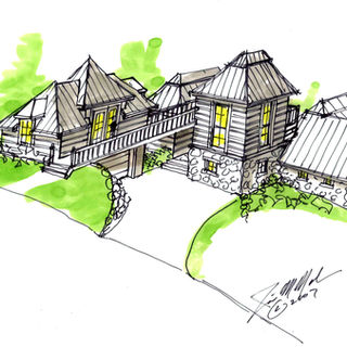 Perspective sketch of lake compound with metal roofs and a bridge-like connector over drive—north woods cabin campus layout.