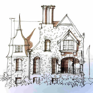 French Norman manor with tower massing, steep roof, and arched stone openings—château-style custom home