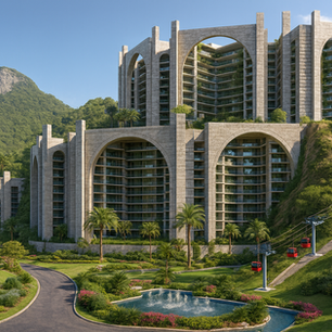 Hillside resort development, terraced hotel building, eco resort architecture, contemporary megastructure, iconic landmark architecture, exposed concrete exterior, planted balconies, biophilic design, nature-integrated condo complex.