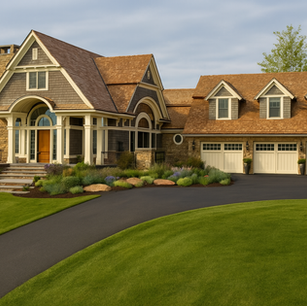 Luxury shingle style house with arched front entry, dormers, cedar-shake siding, and three-car garage.