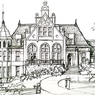 Château-style estate with grand arched loggia, stone terrace steps, and tower elements—castle-inspired luxury home concept.