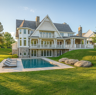 Grand shingle style estate with turret, wraparound porch, and backyard pool—luxury custom lake home architecture.