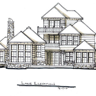 Lake elevation architectural sketch with multi-story bays, balconies, and stone base—north woods waterfront lodge design.