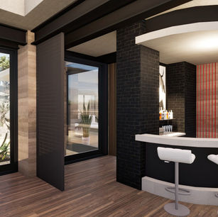 Atrium Desert Home by James McNeal, Owner and Principal Architect at JMAD - James McNeal Architecture & Design. Creative architecture firm specializing in enduring artistry & high-end luxury commercial & residential design. Architectural photography, architect portfolio. Dream house inspiration, custom homes, mansion, luxurious lifestyle. Concept renderings. Plot of land, lot for sale, land and home concept. Overlooking Pinnacle Peak Scottsdale AZ Arizona. Organic architecture blending into nature surroundings. Interiors, inspiration. Front entryway, entrance, modern fireplace, home bar, hallway, foyer