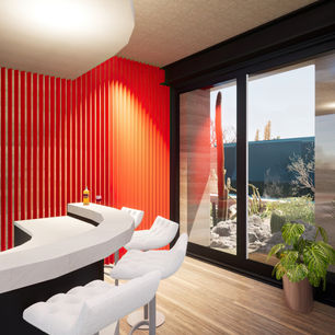 Atrium Desert Home by James McNeal, Owner and Principal Architect at JMAD - James McNeal Architecture & Design. Creative architecture firm specializing in enduring artistry & high-end luxury commercial & residential design. Architectural photography, architect portfolio. Dream house inspiration, custom homes, mansion, luxurious lifestyle. Concept renderings. Plot of land, lot for sale, land and home concept. Overlooking Pinnacle Peak Scottsdale AZ Arizona. Organic architecture blending into nature surroundings. Interiors, inspiration. Front entryway, entrance, modern fireplace, home bar, hallway, foyer