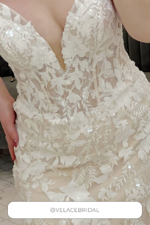 Close up of Eddy K gown with intricate beaded lace and sequins over tulle.