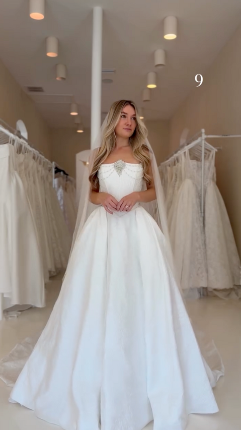 Jolie — sweetheart spaghetti-strap brocade ballgown wedding dress with basque waist and pockets 