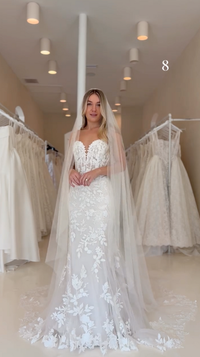 Thelma by Milano Couture: strapless sweetheart lace and tulle fit-n-flare wedding dress with skin cleavage at One Bridal