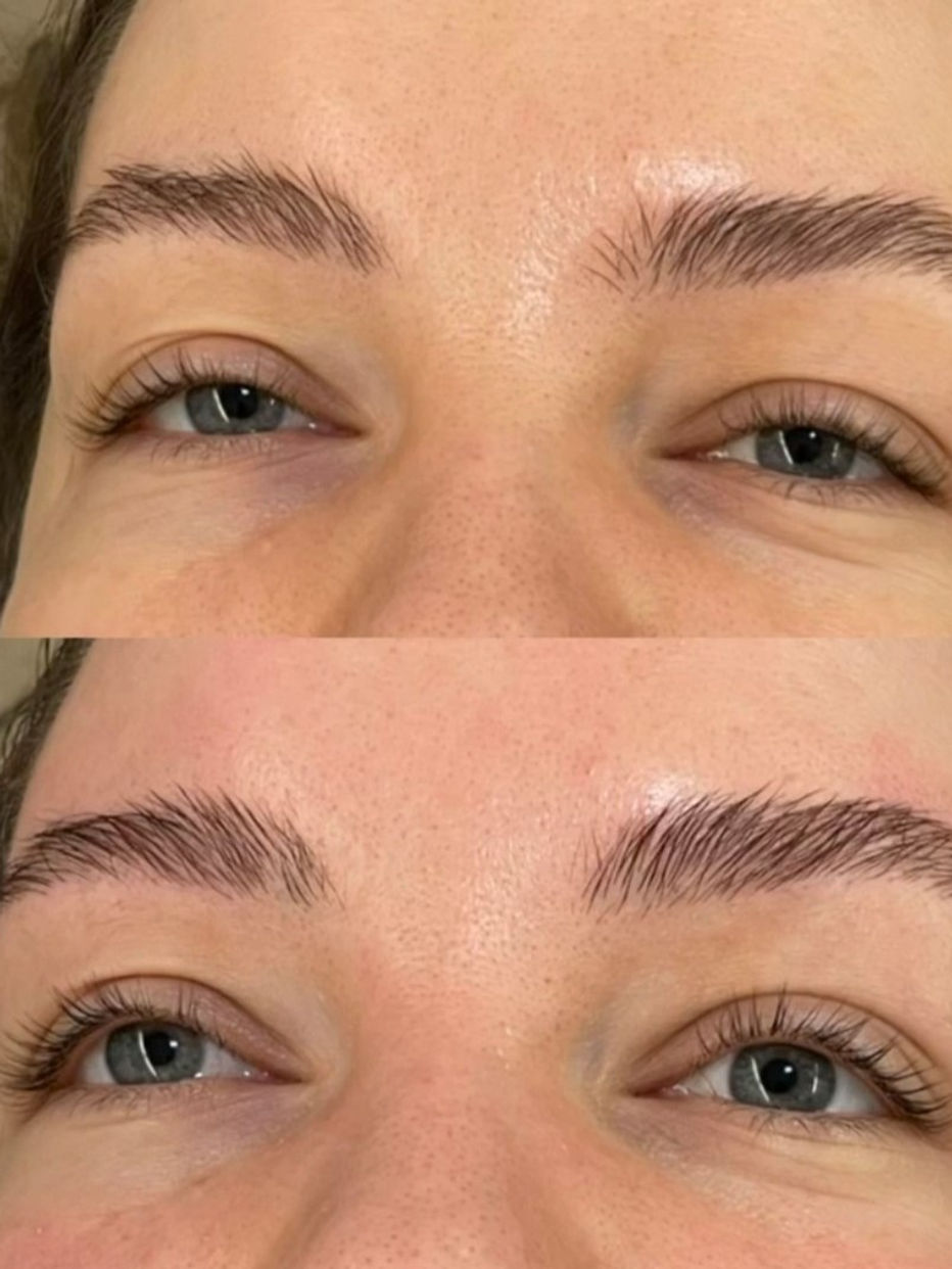Dáma před a po úpravě obočí, detailní záběr očí.