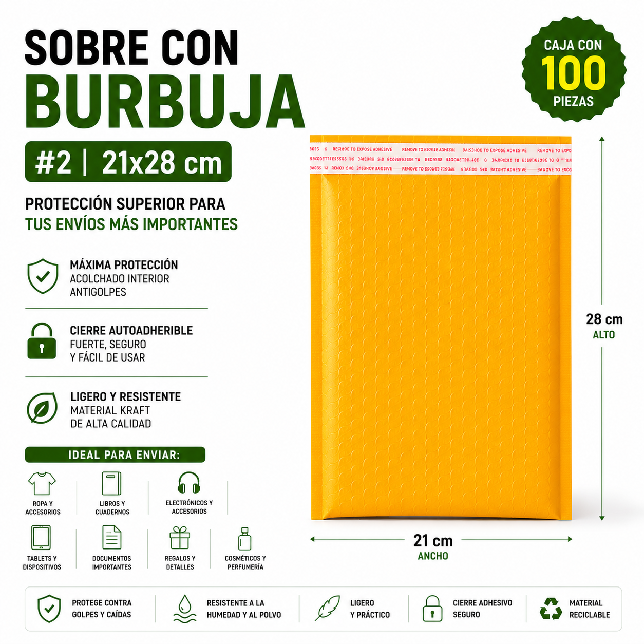 Sobre Con Burbuja #2 21x28 Cm  Caja Con 100 Piezas | Efipack