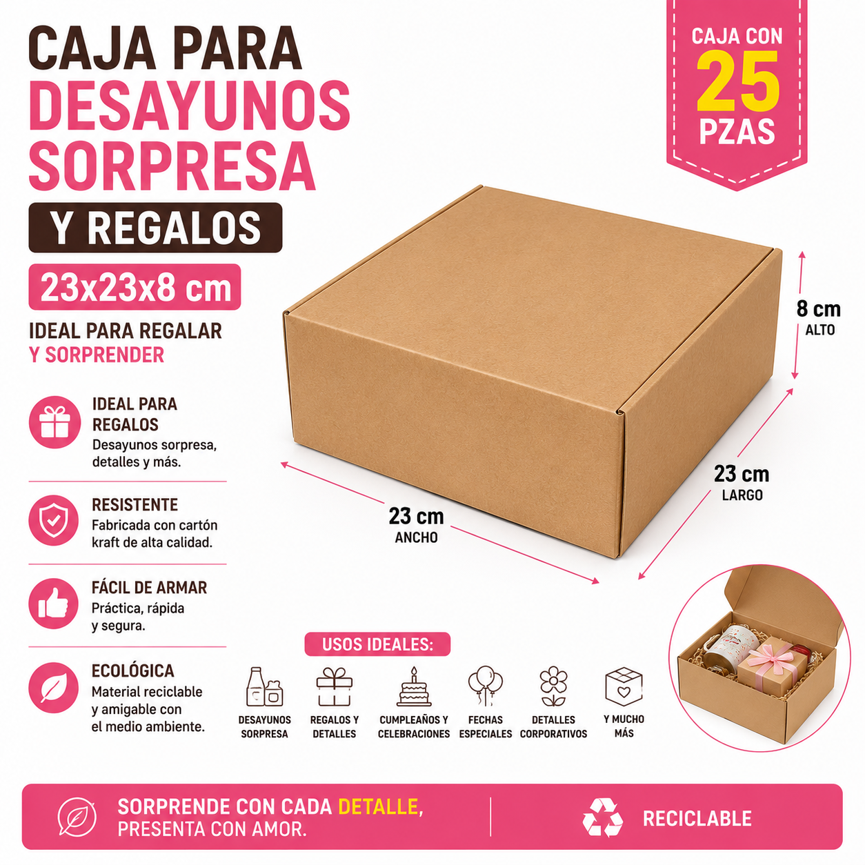 Caja Para Desayunos Sorpresa Y Regalos 23x23x8 Cm 25 Pzas | Efipack
