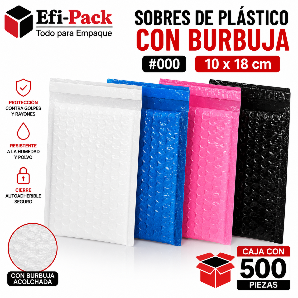 Sobres De Plastico Con Burbuja #000 10x18 Cm Caja 500 Pzas | Efipack