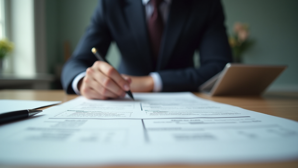 Eye-level view of a contractor reviewing business documents on a desk