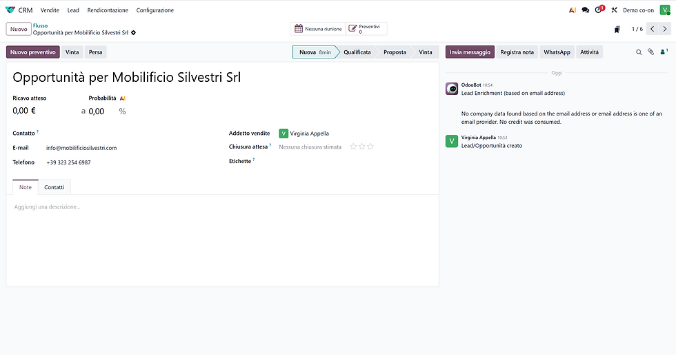 Scheda lead aperta nel CRM Odoo con dati del contatto e stato dell’opportunità.
