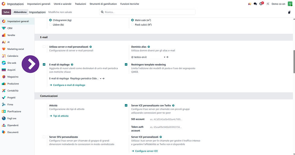 Attivazione delle email di riepilogo nelle impostazioni email di Odoo