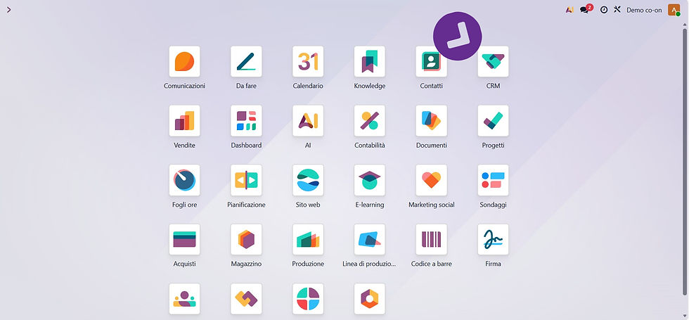 Dashboard di Odoo con le applicazioni disponibili e l’icona CRM per accedere alla gestione delle opportunità.