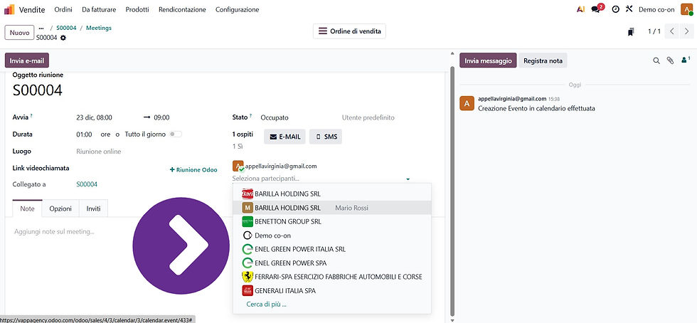 Selezione dei partecipanti a un meeting in Odoo con utenti interni e contatti esterni.