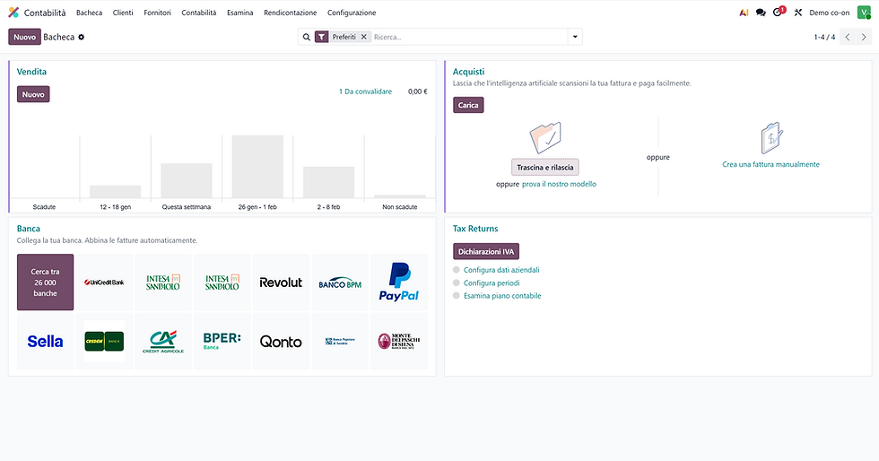 Dashboard contabilità Odoo con vendite, acquisti, banche e flussi economici per una PMI.