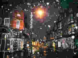 rain of snow in town painting