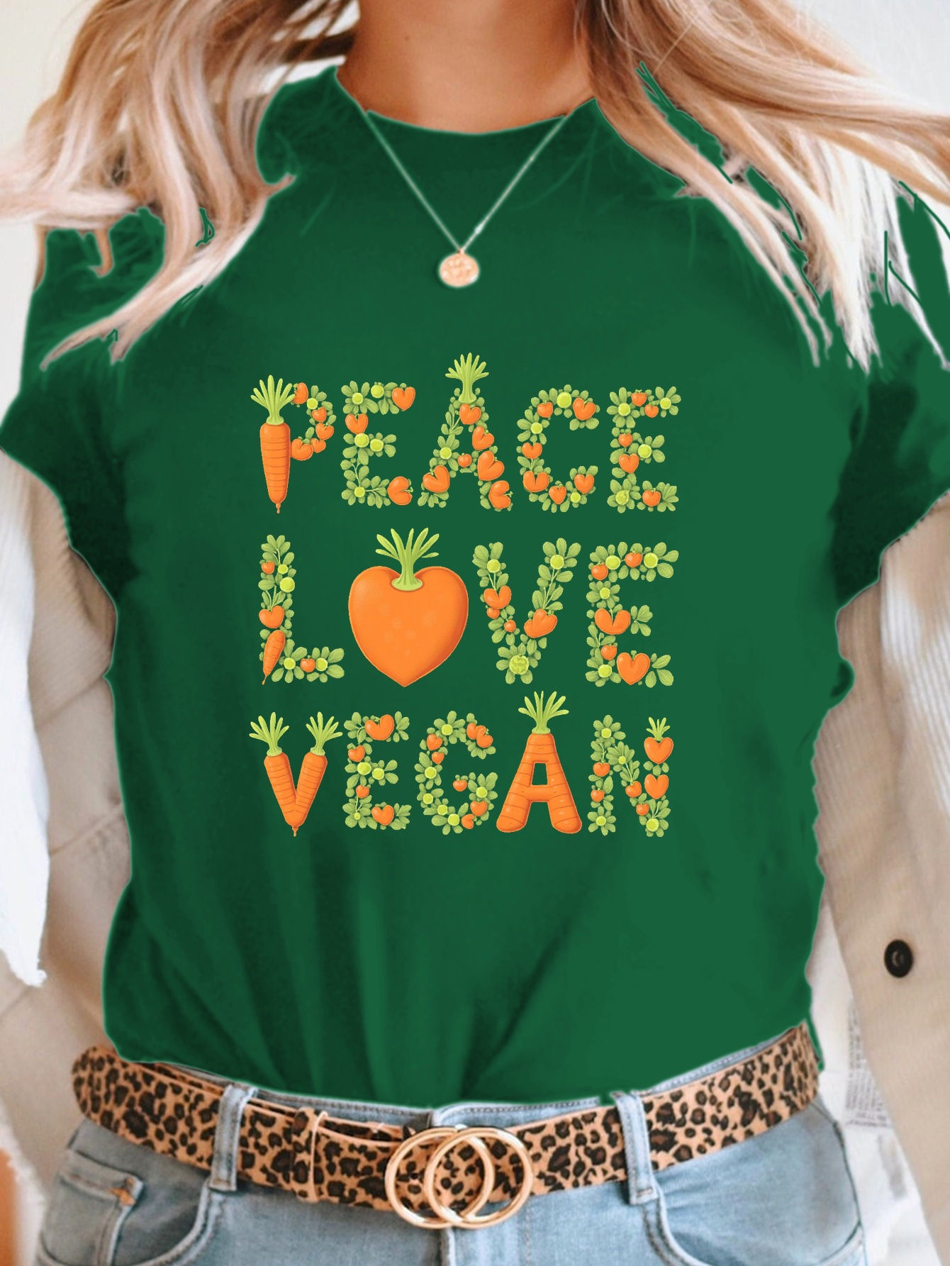 PEACE LOVE VEGAN Printed T-Shirt, Short Sleeve Crew Neck Casual Top for Summer &
