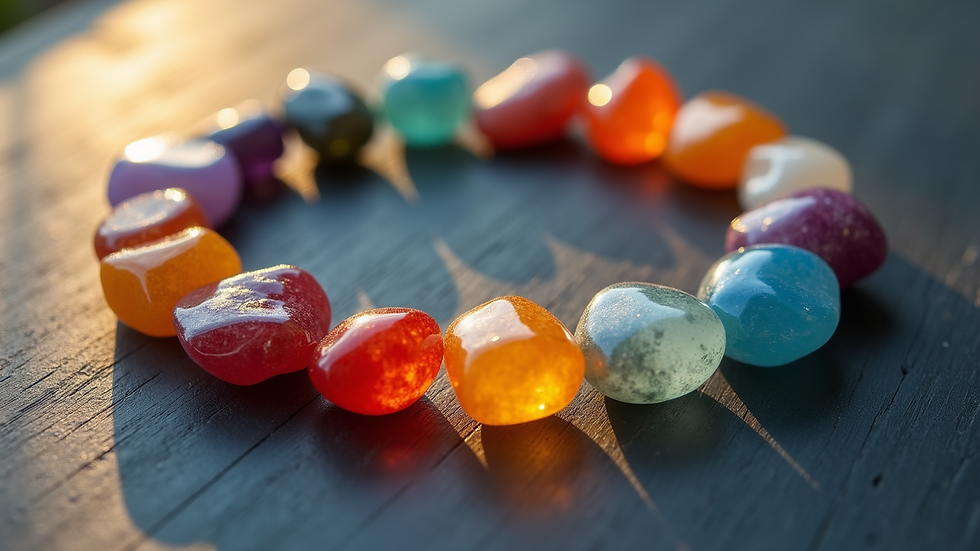 Close-up view of colorful chakra stones arranged in a circle