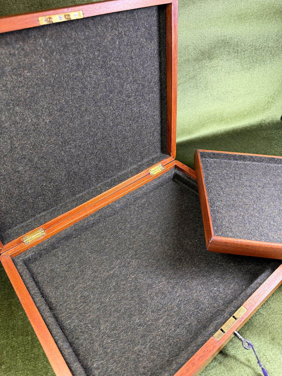 Thumbnail: Mahogany Jewellery Canteen, Brass Shield, Brown Felt Interior, Inner Tray & Key