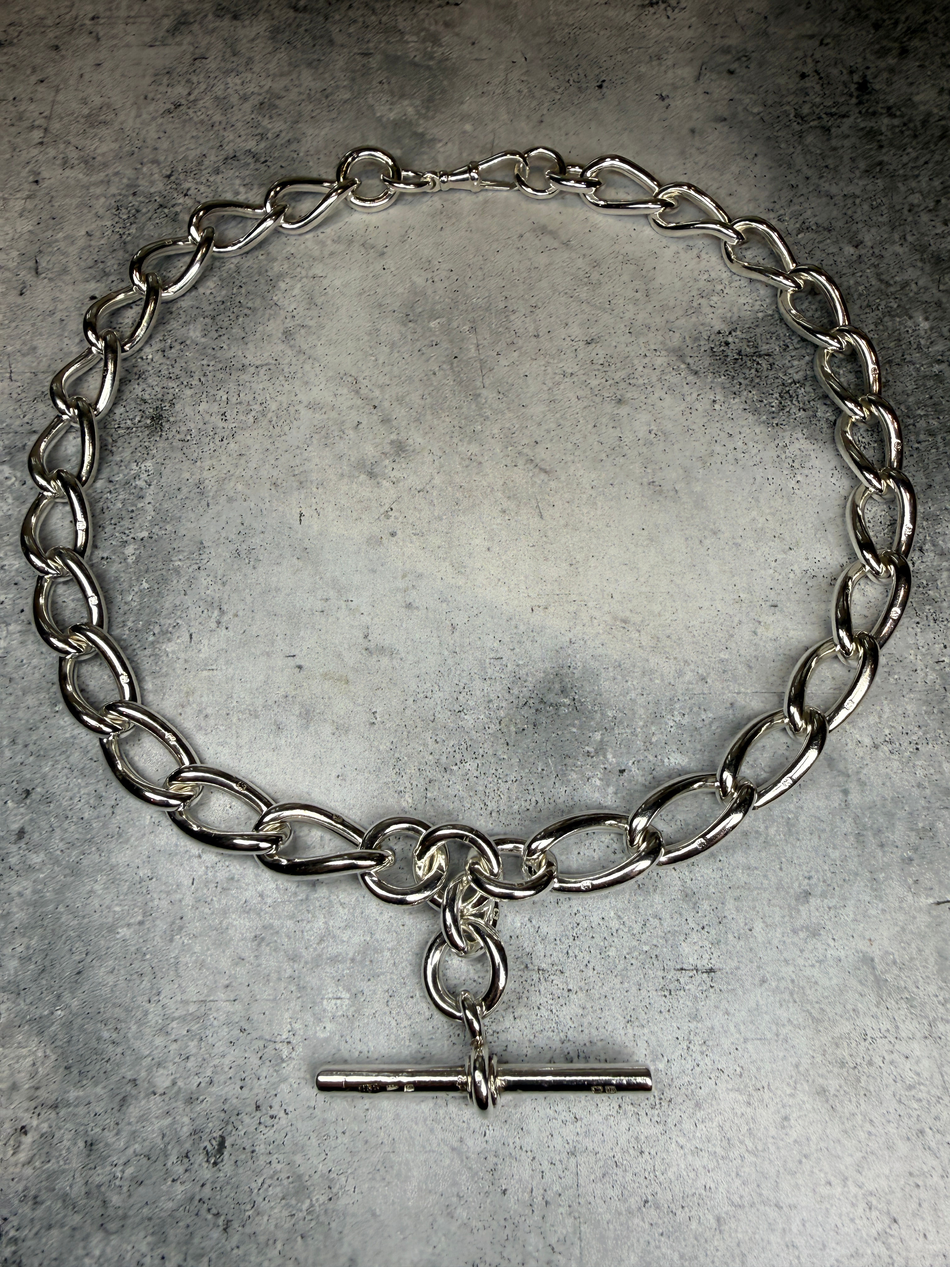 Birmingham 1896 Silver 18” Chunky Albert, Oval Link Chain, Tbar & Dog Clip