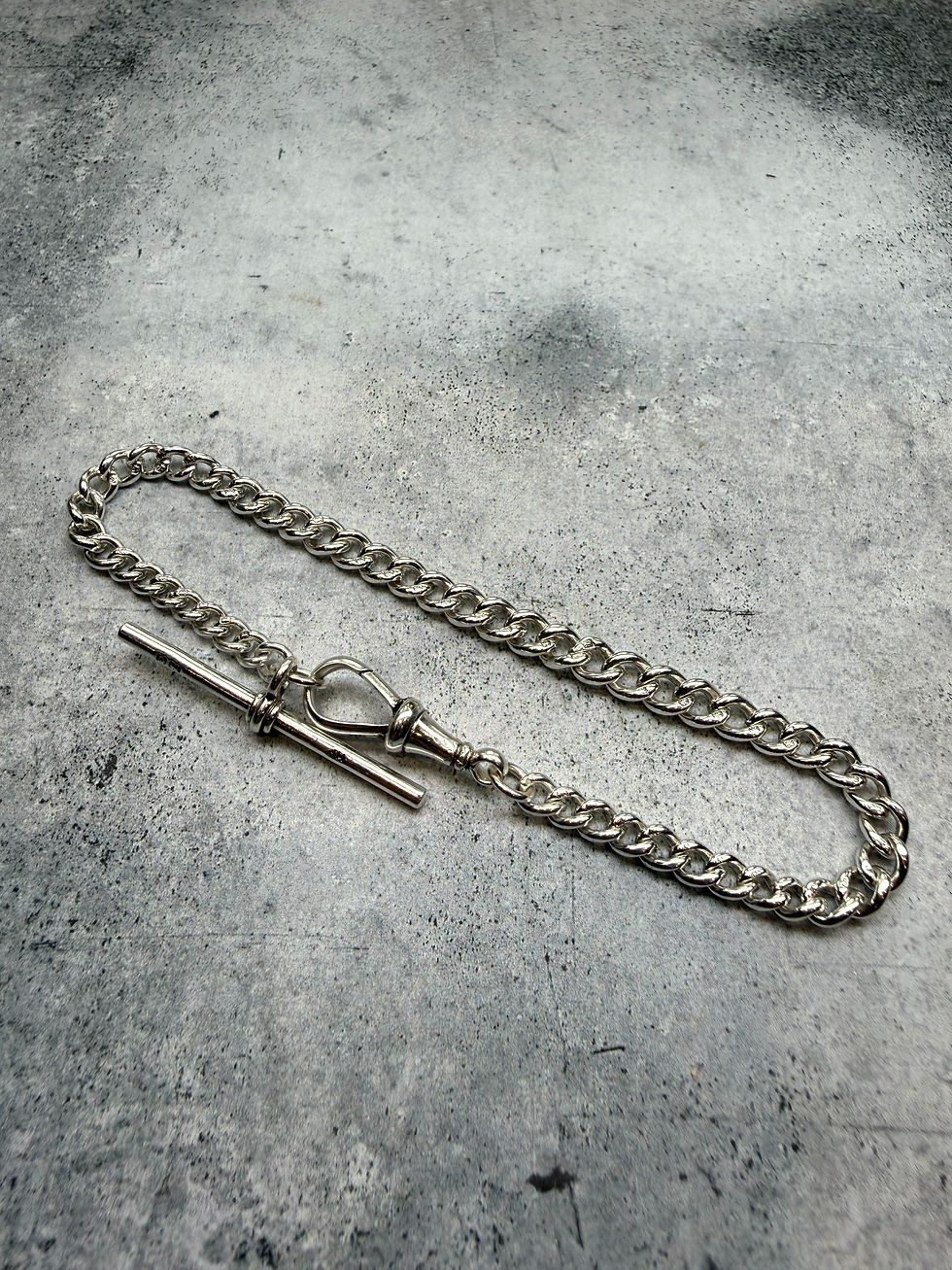 Thumbnail: Birmingham 1927 Silver 8.25” Narrow Graduated Albert Chain TBar Bracelet