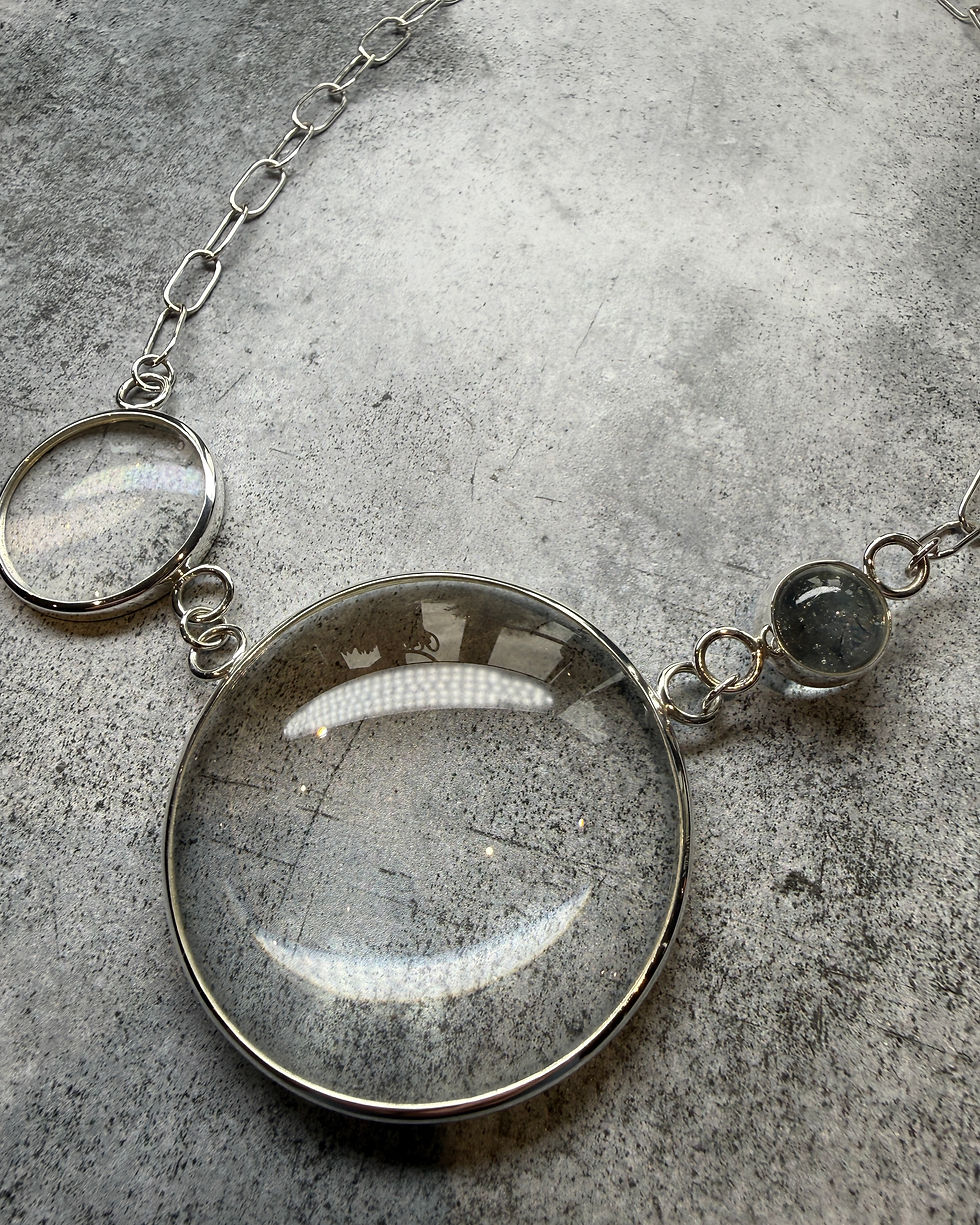 Thumbnail: Hallmarked Silver, Vintage Lens Glass & Oval Link Statement Necklace 20”