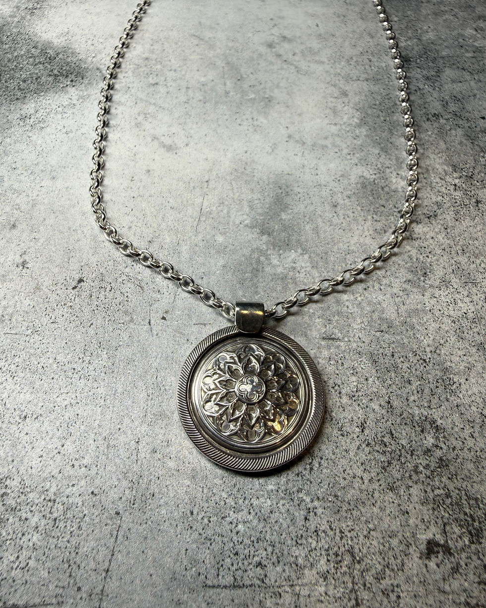 Thumbnail: Hallmarked Silver Gothic Rose Window Pendant & Belcher Chain Necklace 18”