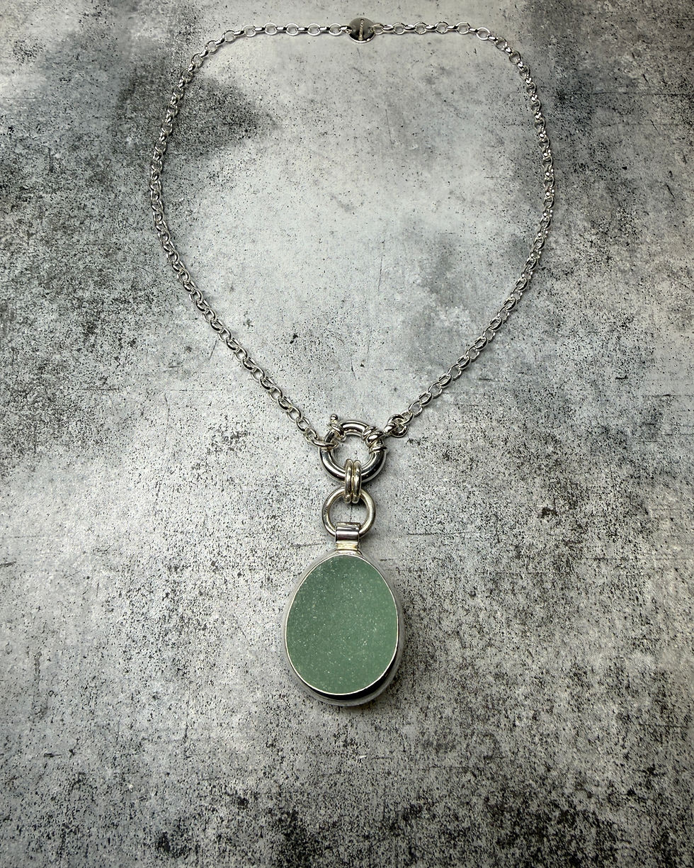 Thumbnail: Hallmarked Silver, Seafoam Seaglass & Giant Bolt Clasp Belcher Necklace 18”